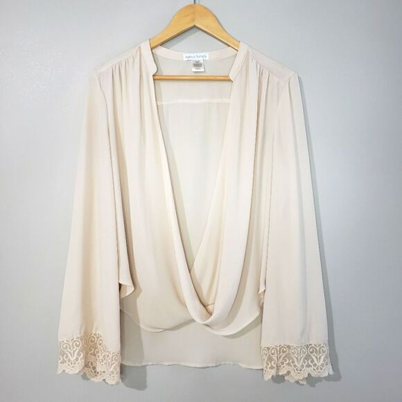 🦋3/$25 Jelous Tomato Medium Long Sleeve Sheer Cream Draped Front Blouse Lace - Picture 1 of 10